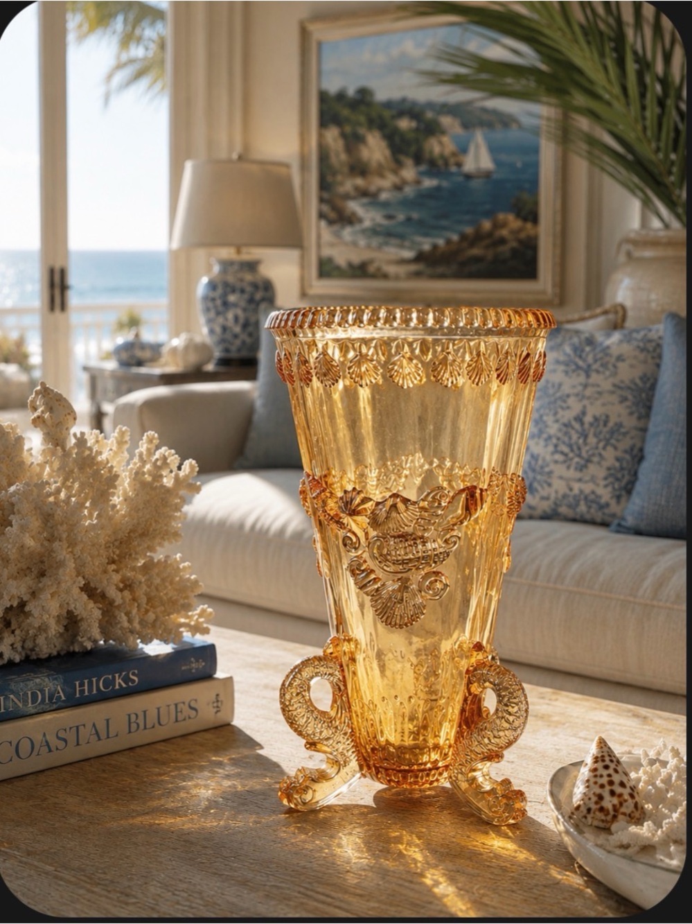 Westmoreland Amber glass footed vase seashells vintage coastal retro beach deco